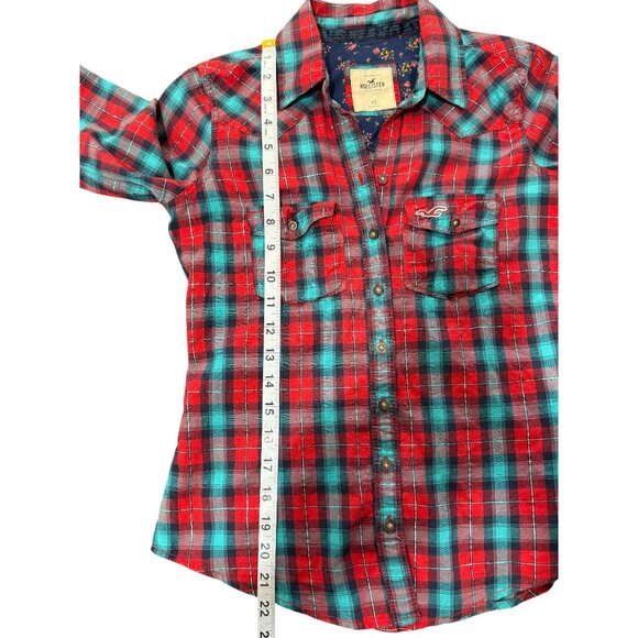 Hollister Red Blue Plaid Shirt Silver Thread Y2K Top Button-Up Womens Size XS - Picture 5 of 6